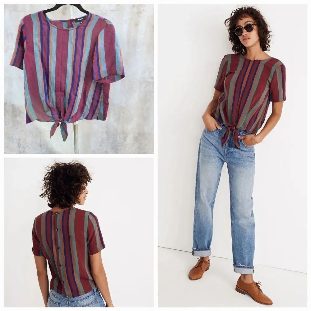 MADEWELL Button-Back Tie Tee in Rosalinda Stripe dusty burgundy